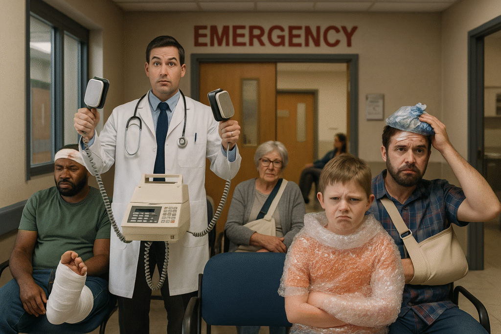 A satirical hospital emergency room scene where patients with exaggerated injuries wait while a doctor uses defibrillators attached to a fax machine, symbolizing medical staffing chaos.