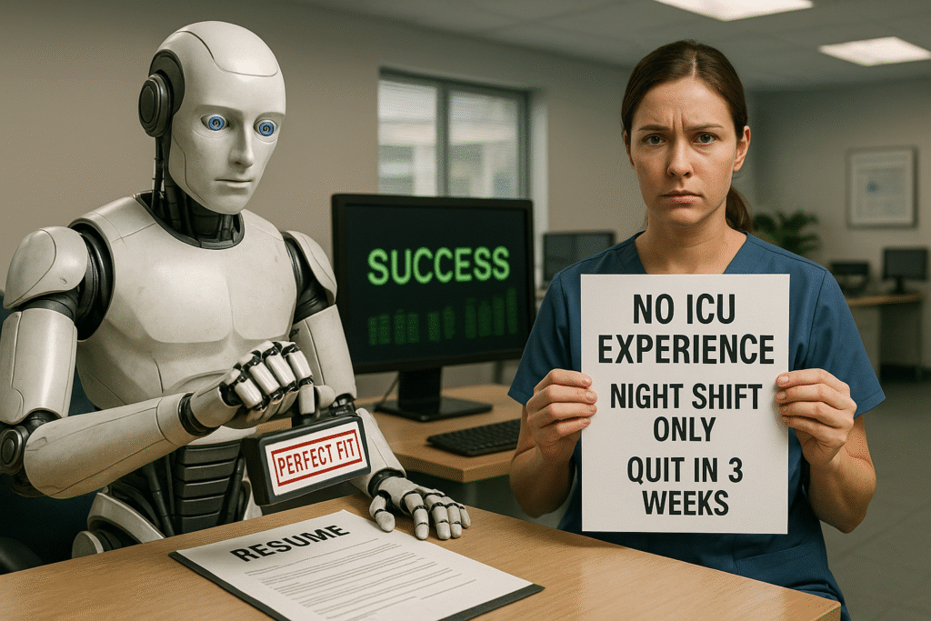 A healthcare recruiter robot stamps a resume "Perfect Fit" while a frustrated nurse holds a sign listing job mismatches like "No ICU Experience" and "Quit in 3 Weeks."