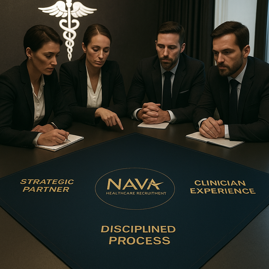 Diverse professionals collaborate over a diagram showing medical recruiting agencies best practice pillars: strategic partnership, disciplined process, and clinician experience.