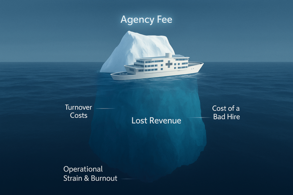 A photorealistic image of an iceberg in a deep blue ocean, with a modern white healthcare facility ship sailing past it. The tip of the iceberg, above water, is labeled "Agency Fee." The massive submerged portion is labeled with "Lost Revenue," "Turnover Costs," "Cost of a Bad Hire," and "Operational Strain & Burnout," illustrating the hidden costs of healthcare staffing agencies.