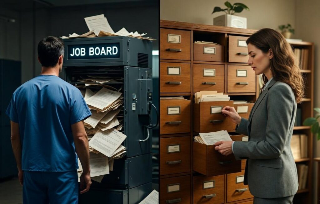 Split-screen image contrasting two healthcare flexible staffing model approaches. On the left, a clinician in scrubs faces a machine labeled “Job Board” that blasts out resumes; on the right, a professional recruiter reviews an organized file labeled with candidate profiles