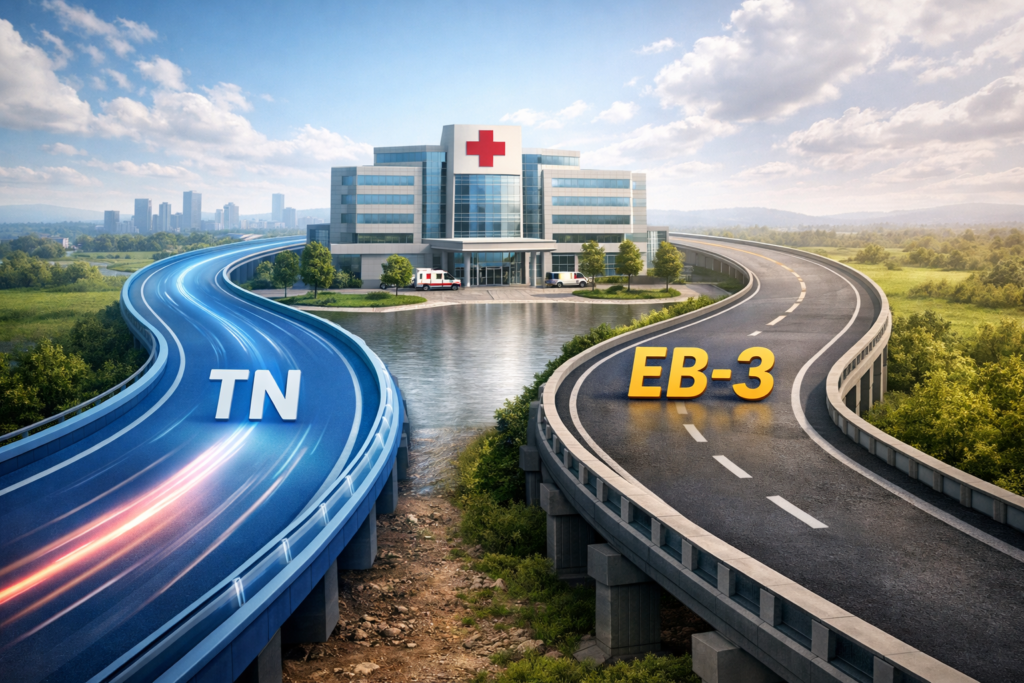 Two parallel staffing pathways labeled TN and EB-3 lead toward a hospital, showing fast short-term staffing and long-term permanent recruitment working toward the same facility.