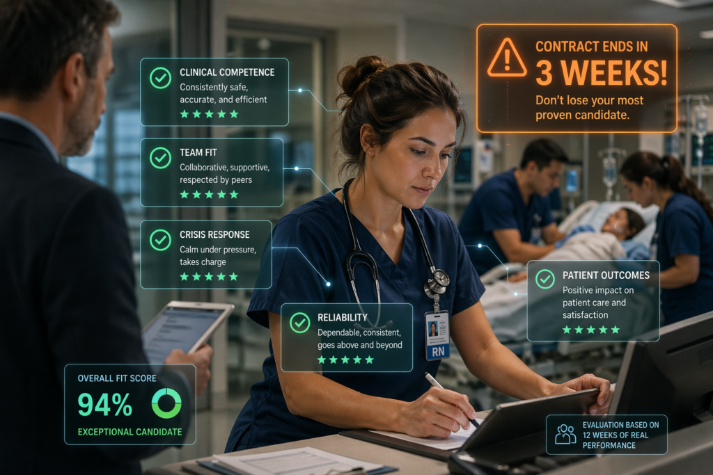 A nurse documenting care with a digital overlay showing performance metrics used for permanent healthcare staffing decisions.