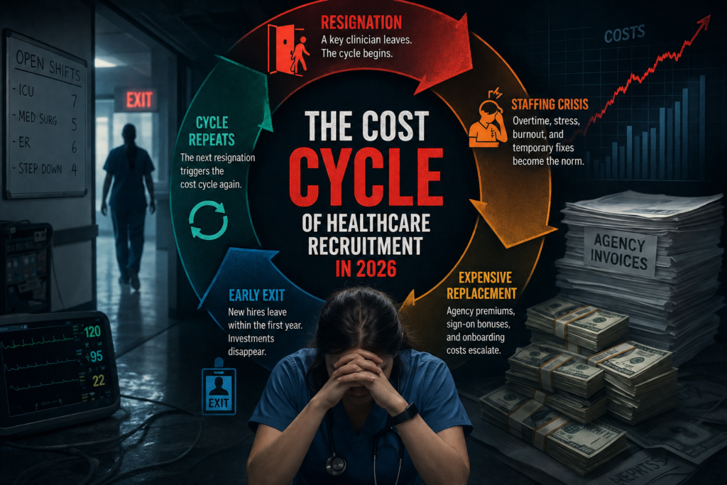 Infographic illustrating the healthcare recruitment cost cycle in 2026, showing clinician resignations, overtime, agency staffing, onboarding costs, burnout, and rising financial pressures that lead to repeated turnover.