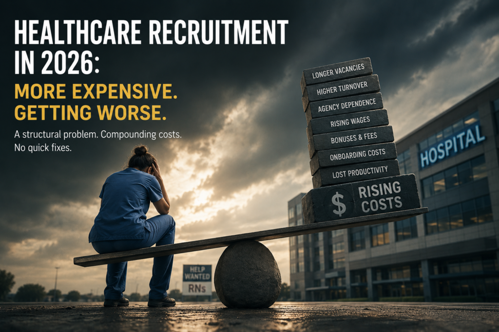 Metaphorical illustration of a fatigued nurse sitting on a wooden seesaw, heavily outweighed by a massive stack of stone blocks representing escalating healthcare recruitment expenses