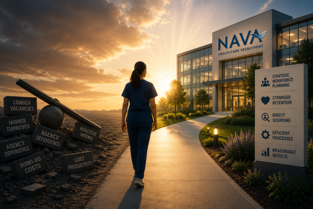Metaphorical illustration of a female nurse in navy blue scrubs walking away from a collapsed, broken balance scale labeled with cost drivers like "Reactive Hiring" and "Longer Vacancies." She walks down a sunlit concrete pathway toward a modern, glass building branded "NAVA Healthcare Recruitment," next to a directory pillar listing services like "Strategic Workforce Planning" and "Stronger Retention."
