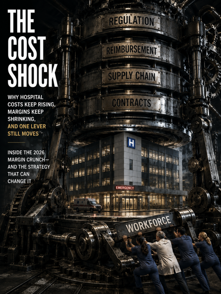 Healthcare Costs 2026: Hospital surrounded by machinery representing regulation, reimbursement, supply chain and contracts, with healthcare workers turning a workforce lever to reduce costs.